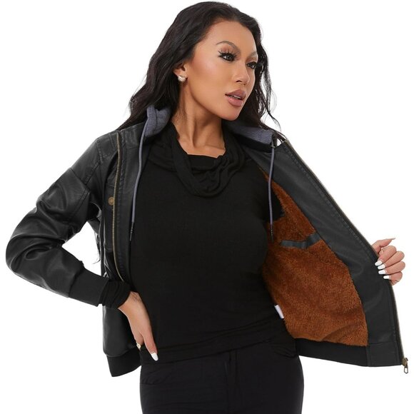 Women Black Faux Leather Waterproof Motorcycle Bomber Biker Jacket - Picture 7 of 8